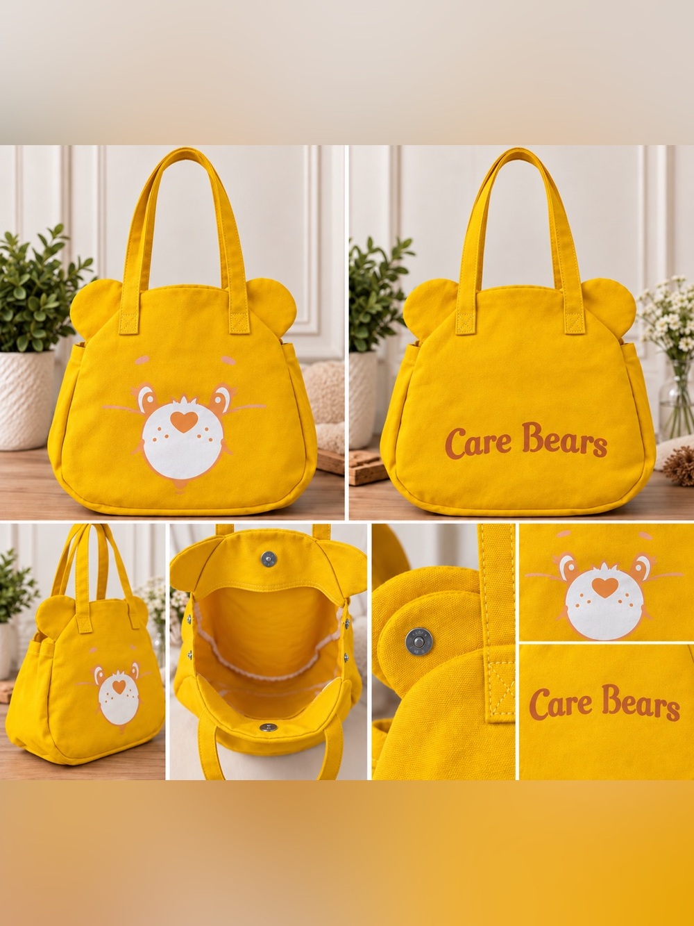 Care Bears Yellow Canvas Kids Tote with Bear Face and Ear Details. NWOT